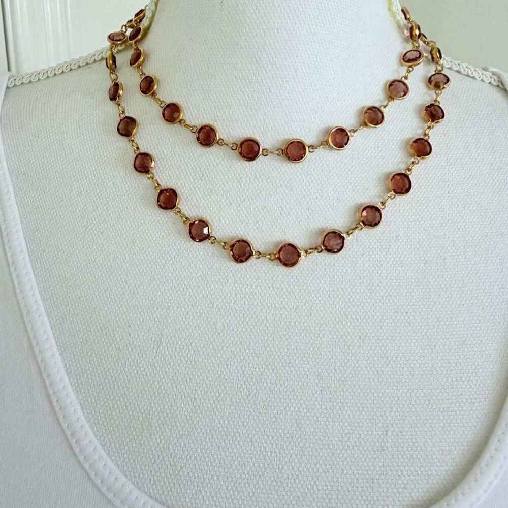 Vintage Smoky Brown Crystal Gold Station Necklace NWOT